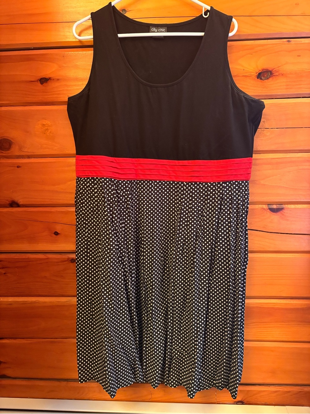City Chic Black Tank Midi Dress with Red Waistband and Polka Dot Skirt